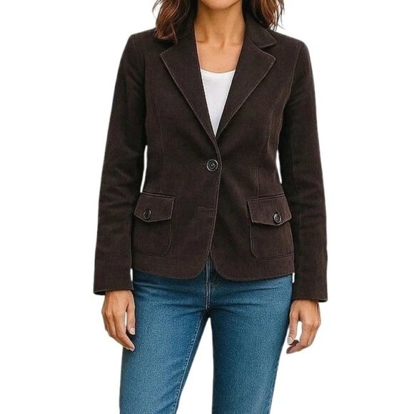 Talbots Corduroy Blazer Women Size 14 Brown Notch Collar Pockets Pink Lined New - Picture 1 of 12